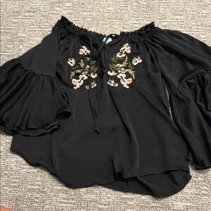 She + Sky Black Blouse with Floral Embellishments